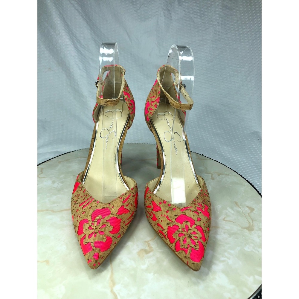 Jessica Simpson Floral Cork Ankle Strap Stilettos Heel Women 8 Pink Pointed Toe - Picture 2 of 12